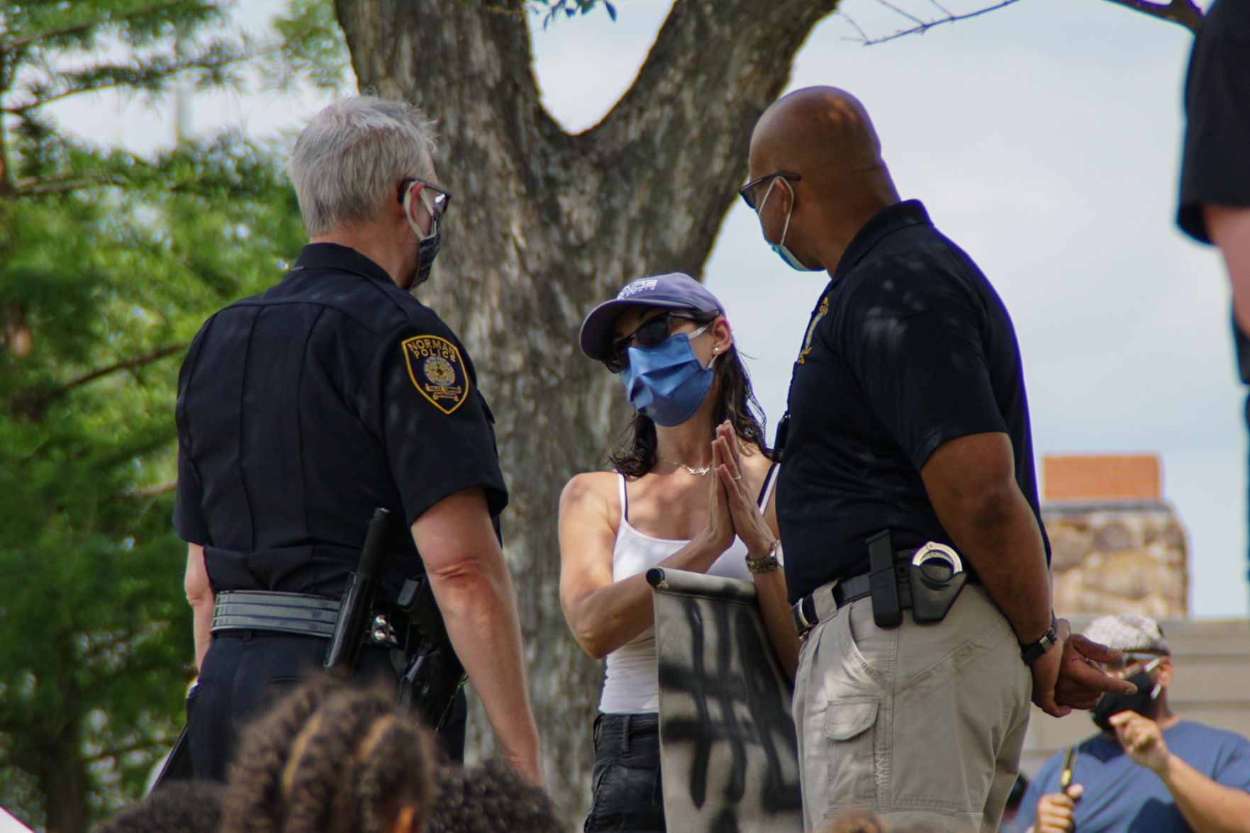 Protester and police